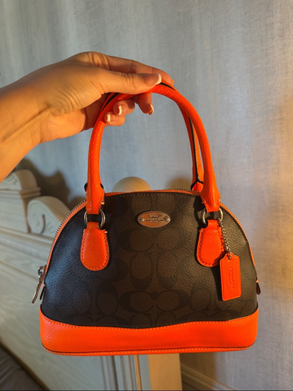 Coach Black Signature Dome Satchel with Bright Orange Trim - Picture 2 of 8